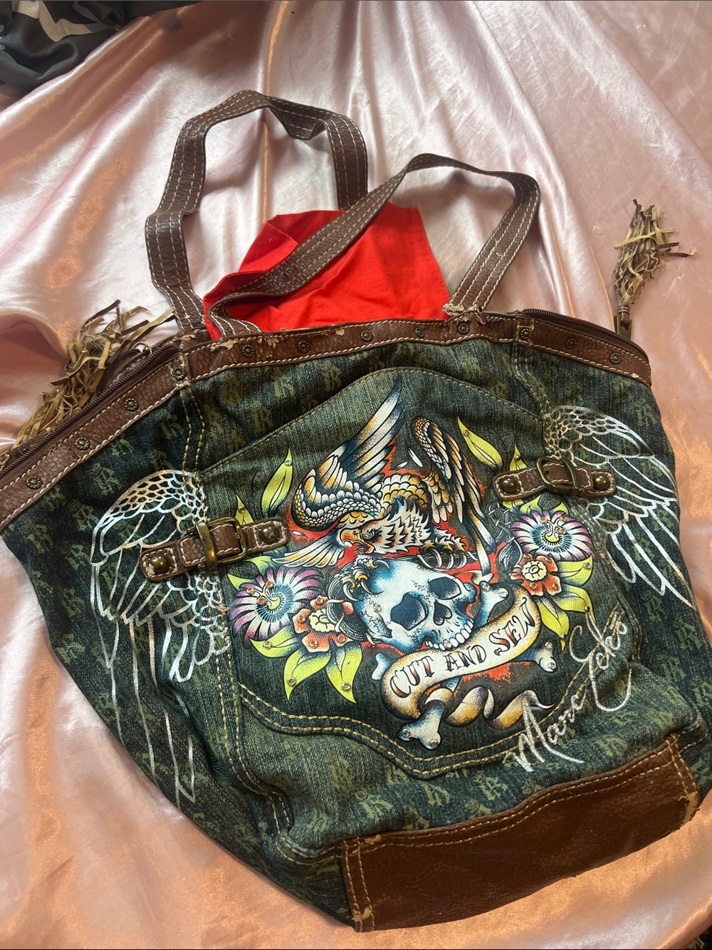 Millennial Vintage RED by Marc Ecko Edgy Floral Skull Tote Bag in Green Brown